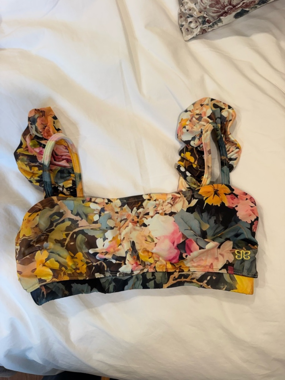 Albion Floral Ruffle Sports Bra in Black, Yellow and Pink